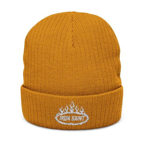 Embroidered 'Iron Saint' Flame Logo Beanie — Ribbed Knit Winter Hat